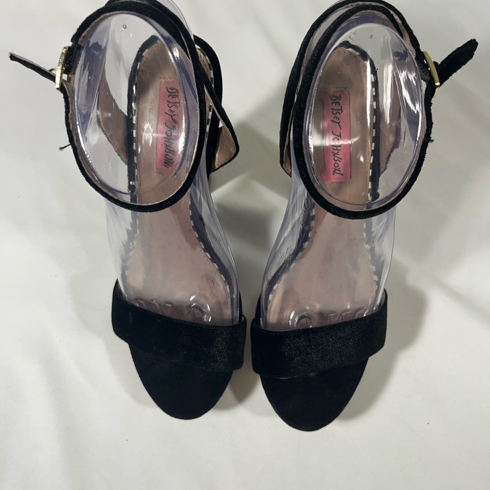 BETSY JOHNSON MATTIE BLACK VELVET PLATFORM GOLD GLITTER HEELS 7.5M PREOWNED - Picture 7 of 12
